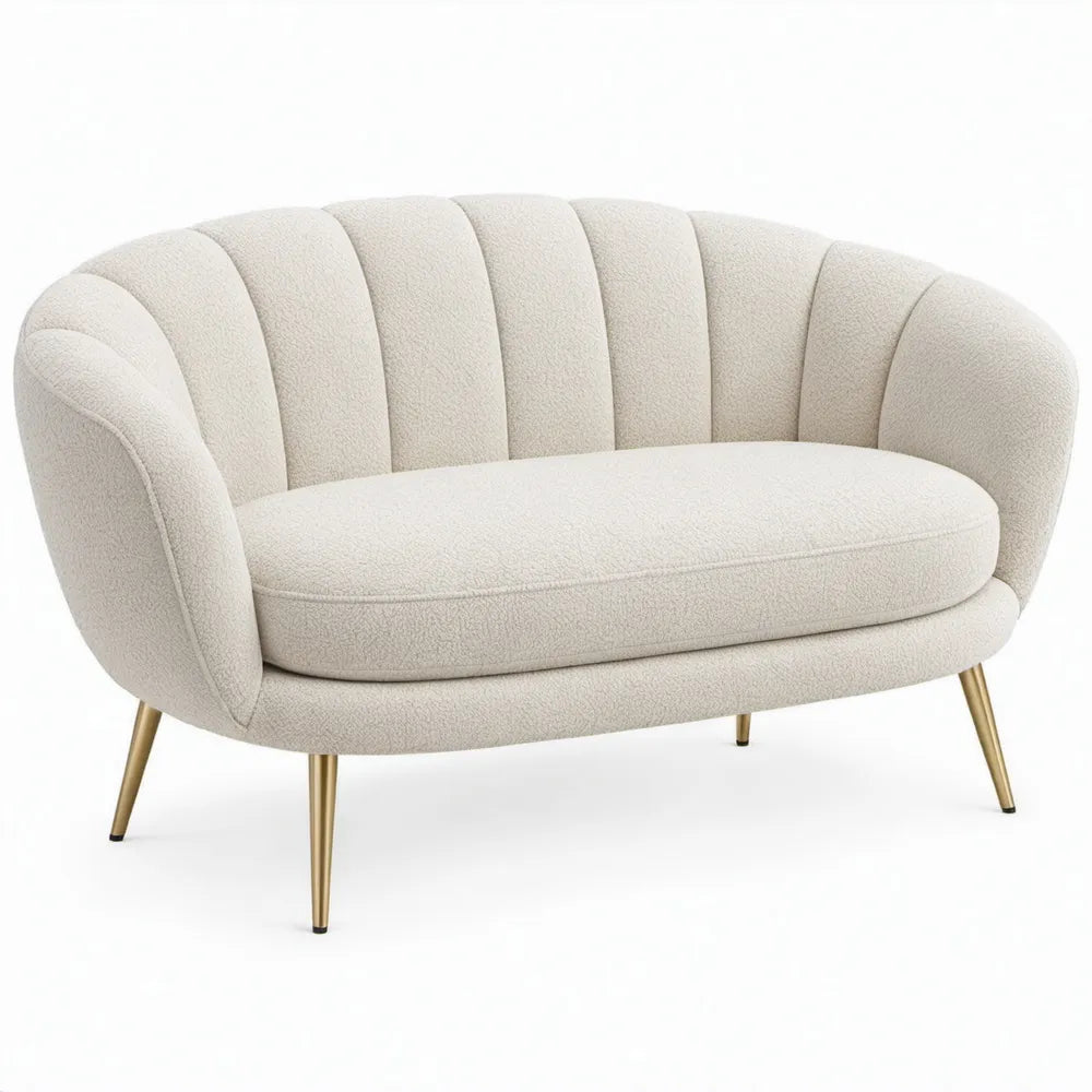 Crèmekleurige 2-zitsbank met bouclé bekleding en goudkleurige poten, 150 x 78 x 80 cm