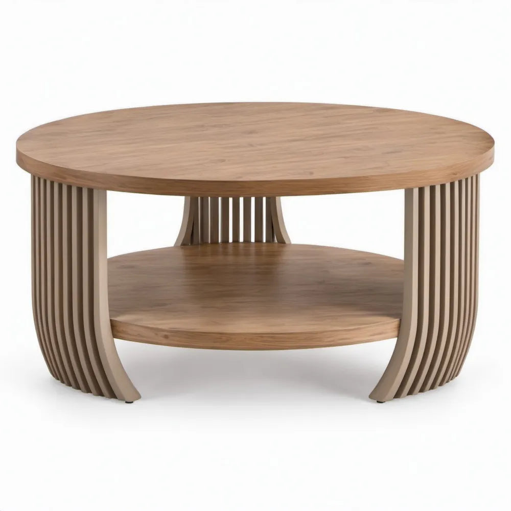 Ronde salontafel met opbergplank Ø 80 x 45 cm, licht eiken en taupe, MDF met eikenfineer