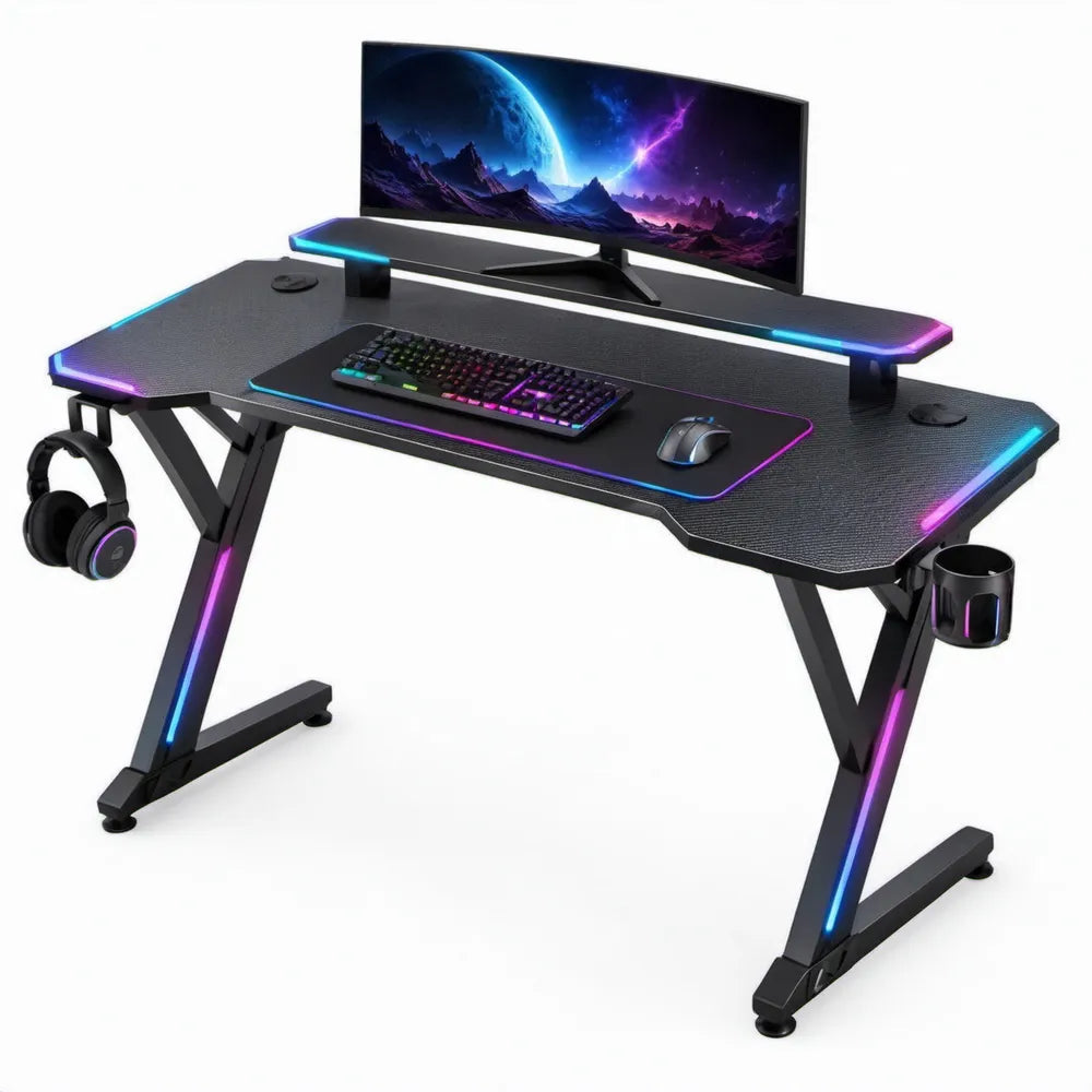 Gamingbureau met RGB-ledverlichting en monitorplatform 160 x 60 x 75 cm Zwart/Blauw/Paars