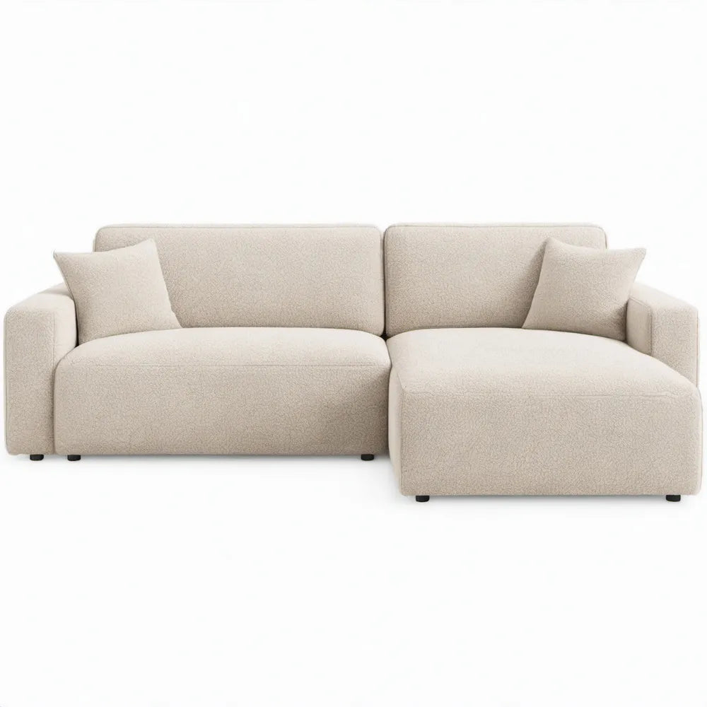 Crèmekleurige bouclé hoekbank met chaise longue rechts, 3-zits, 260 x 160 x 85 cm