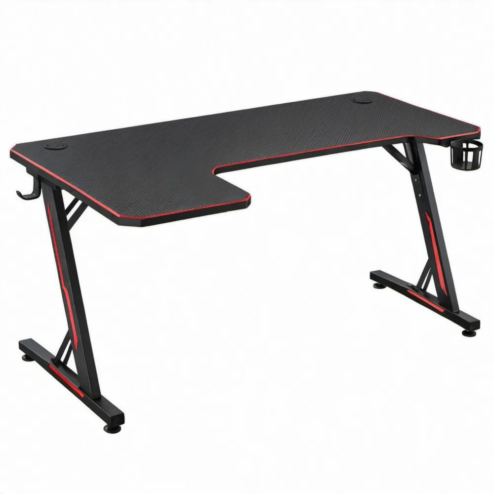 Gamingbureau met carbonlook, bekerhouder en koptelefoonhaak 140 x 60 x 75 cm Zwart/Rood
