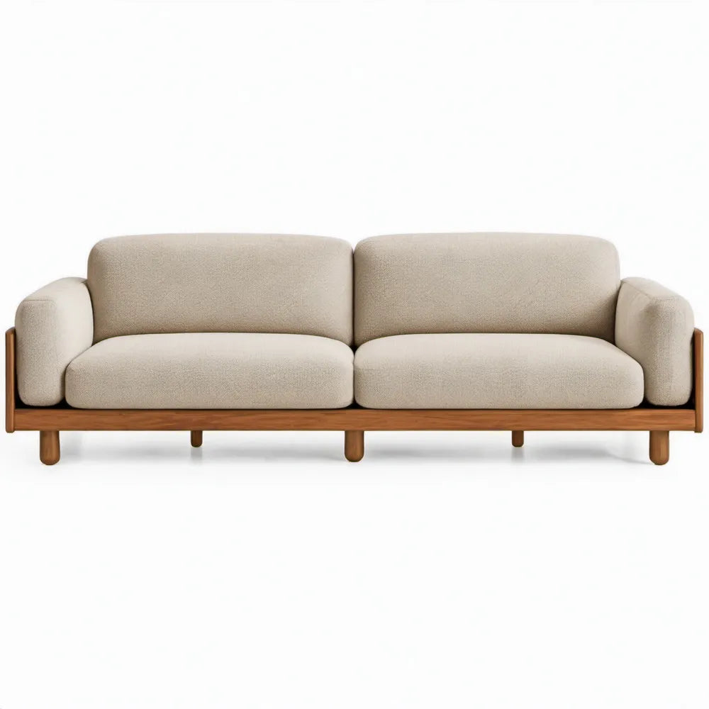 3-zitsbank 220 x 90 x 78 cm Beige en Bruin met polyester bekleding en massief rubberhout