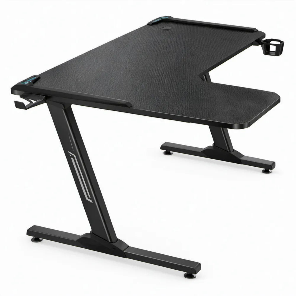 Zwart gamingbureau 140 x 60 x 75 cm van MDF en staal met bekerhouder en koptelefoonhaak