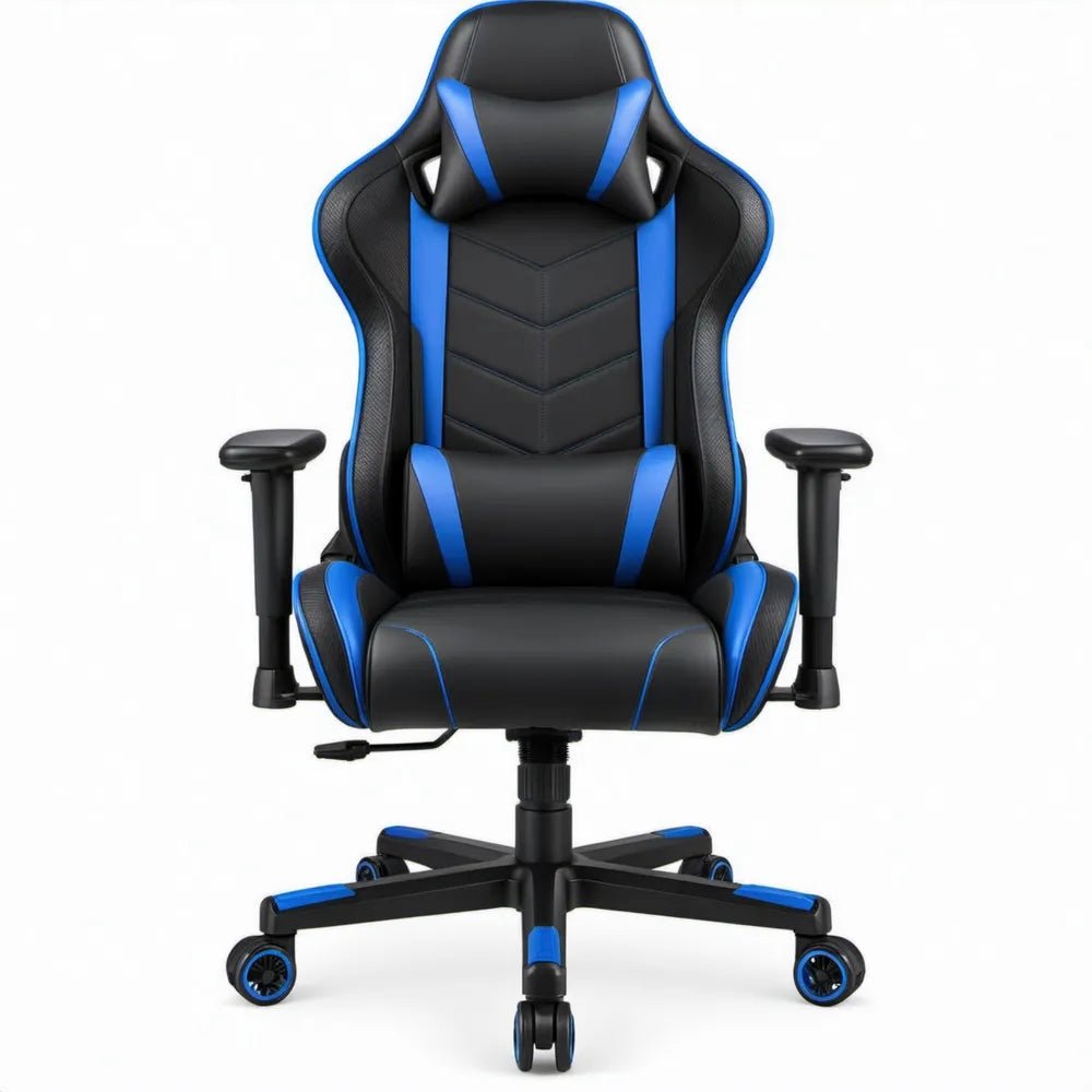 Ergonomische bureaustoel met hoge rugleuning, verstelbare armleuningen en nylon voetkruis, 65 x 65 x 122-132 cm, zwart/blauw
