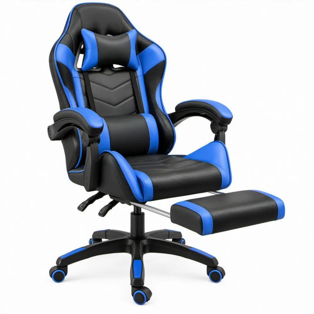 Gamingstoel met Voetensteun en Hoofdsteun Zwart/Blauw van PU-kunstleer, 66 x 66 x 118-128 cm