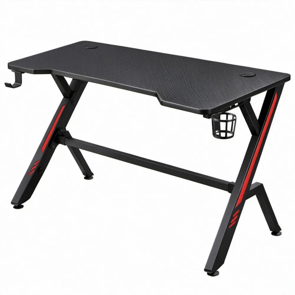 Gamingbureau 120 x 60 x 75 cm met kabeldoorvoeren, bekerhouder en koptelefoonhaak - Zwart/Rood