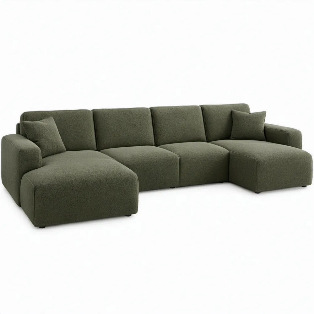 Modulaire 4-zits hoekbank met gebogen vorm, 330 x 150 x 75 cm, olijfgroen bouclé