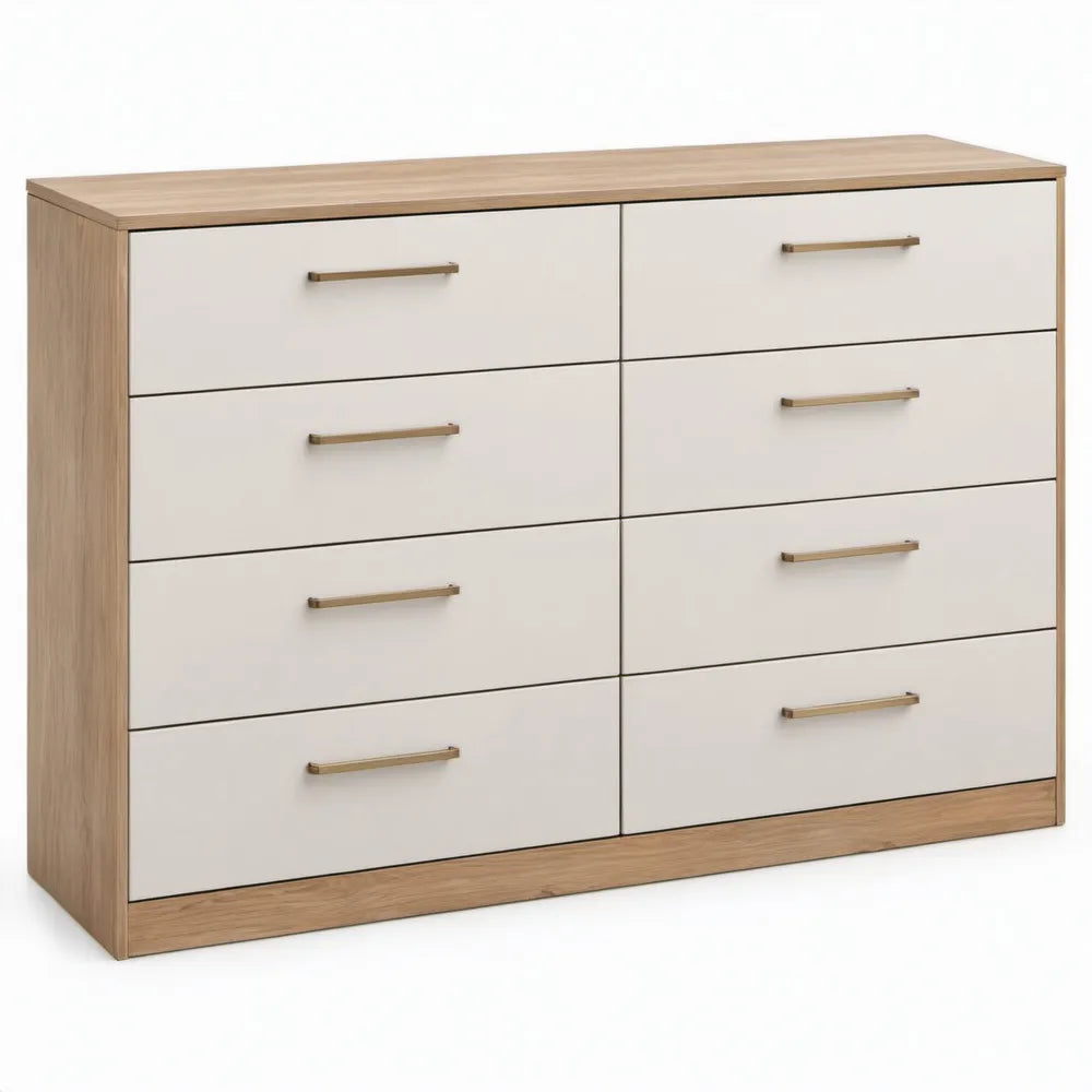 Ladekast met 8 laden, 140 x 40 x 90 cm, wit/eikenkleurig/goudkleurig