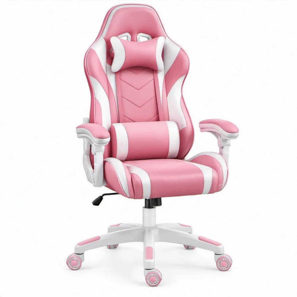 Ergonomische draaistoel van PU-kunstleer in roze/wit, 65 x 65 x 118-128 cm