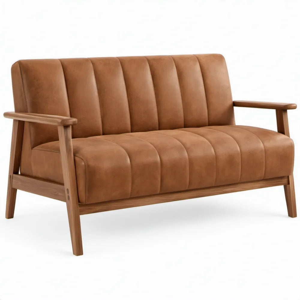 2-zitsbank met armleuningen 124 x 76 x 82 cm Cognacbruin/Naturelbruin PU-kunstleer en rubberhout