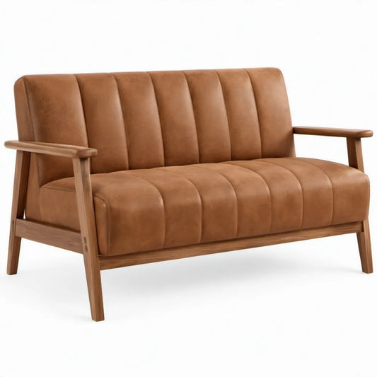 2-zitsbank met armleuningen 124 x 76 x 82 cm Cognacbruin/Naturelbruin PU-kunstleer en rubberhout