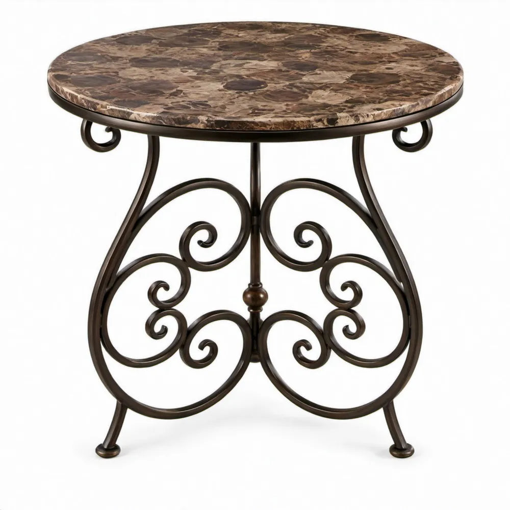 Ronde bijzettafel 60 x 60 x 61 cm met bruin gemarmerd blad en zwart stalen onderstel