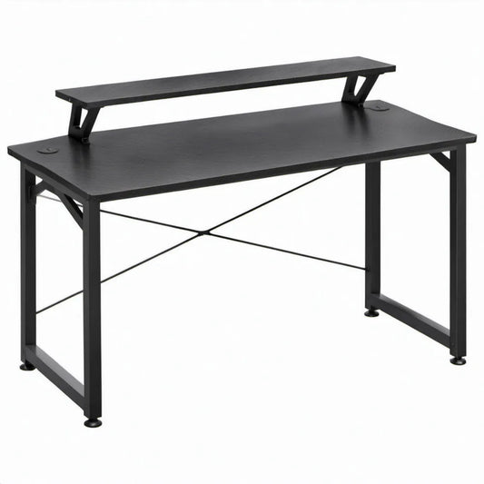 Zwart gamingbureau met monitorverhoger, MDF en staal, 120 x 60 x 75 cm