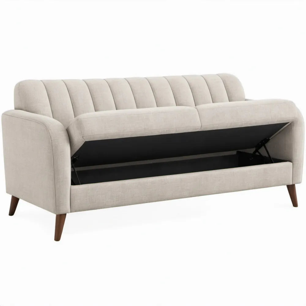 Beige 3-zits met opbergruimte en donkerbruine rubberhouten poten, 200 x 85 x 85 cm