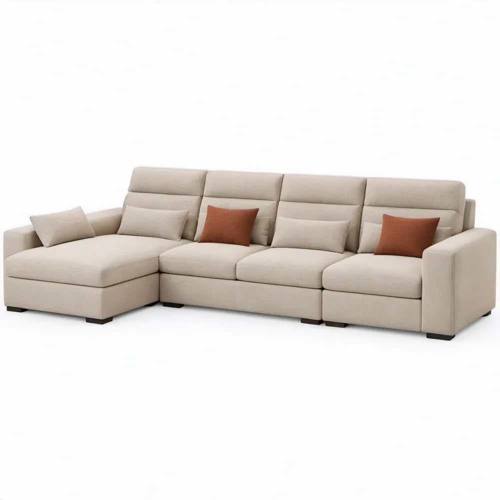 Beige hoekbank met chaise longue links, 320 x 165 x 88 cm