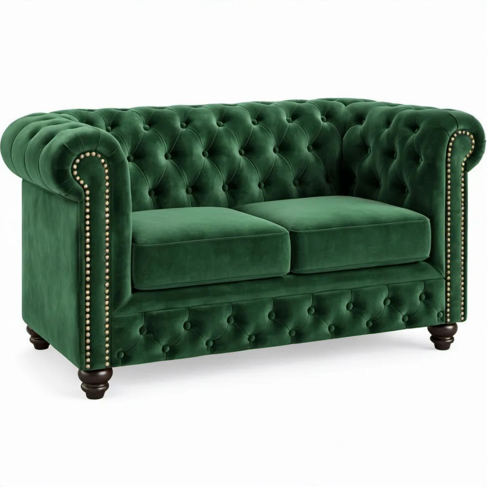 Chesterfield 2-zitsbank van groen polyesterfluweel, 160 x 90 x 75 cm