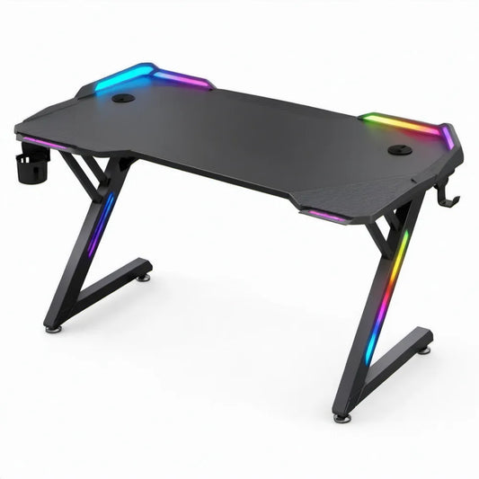 Zwart gamingbureau met RGB-verlichting, bekerhouder en hoofdtelefoonhaak – 140 x 60 x 75 cm