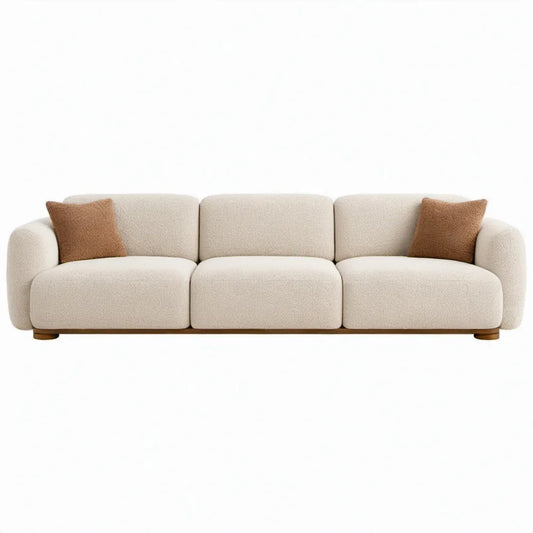 Moderne 3-zitsbank 240 x 100 x 75 cm in crèmekleurig bouclé met bruine sierkussens