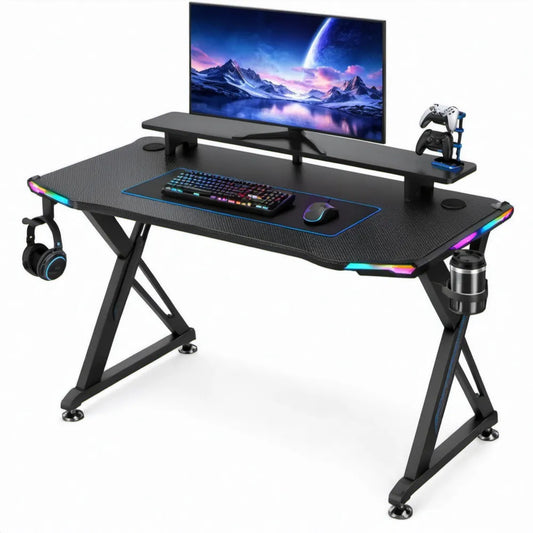 Zwart gamingbureau met RGB-ledverlichting en monitorplatform, 140 x 60 x 75 cm