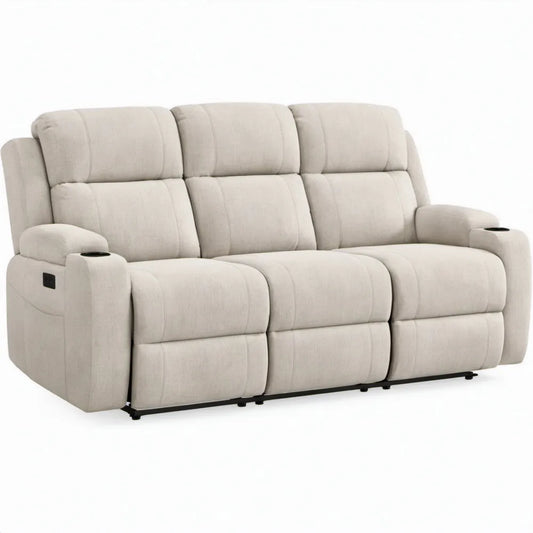 Elektrische 3-zits relaxbank met onafhankelijke verstelbare zitplaatsen en bekerhouders, beige/zwart, 210 x 97 x 103 cm
