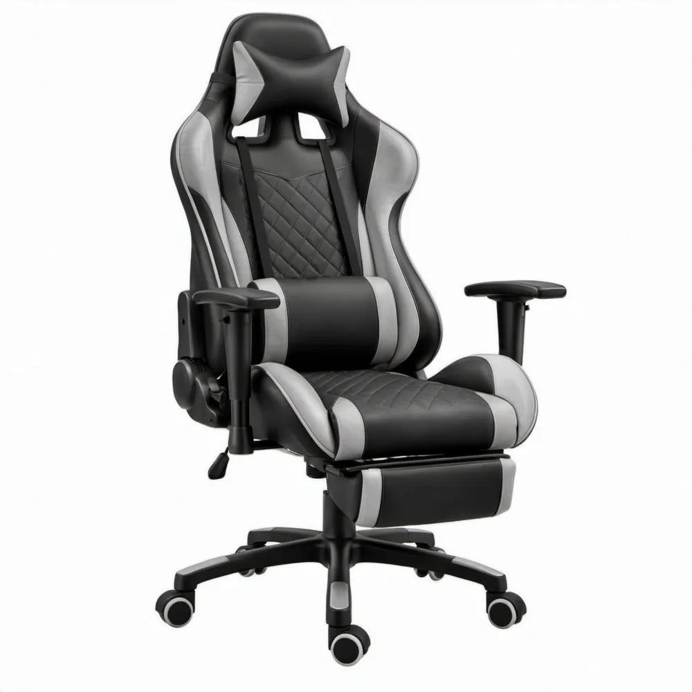Verstelbare gamingstoel met voetensteun, hoofd- en lendenkussen, zwart/grijs, 66 x 70 x 122-132 cm