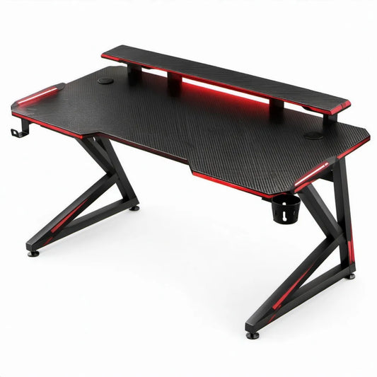 Gamingbureau met rode ledverlichting en monitorverhoger, 140 x 60 x 75 cm, zwart/rood