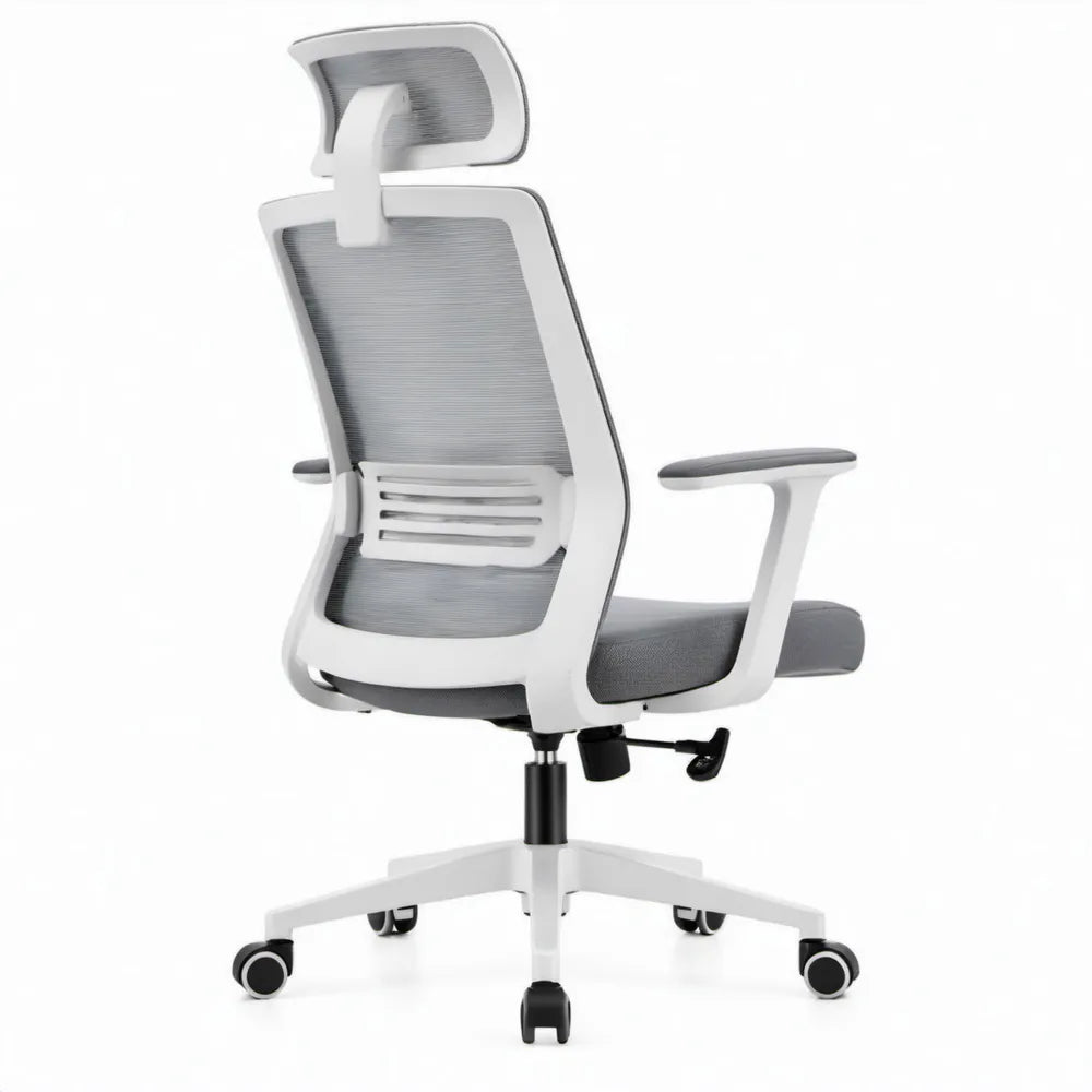 Ergonomische bureaustoel met hoofdsteun en armleuningen, grijs/wit/zwart, 65 x 65 x 112-120 cm