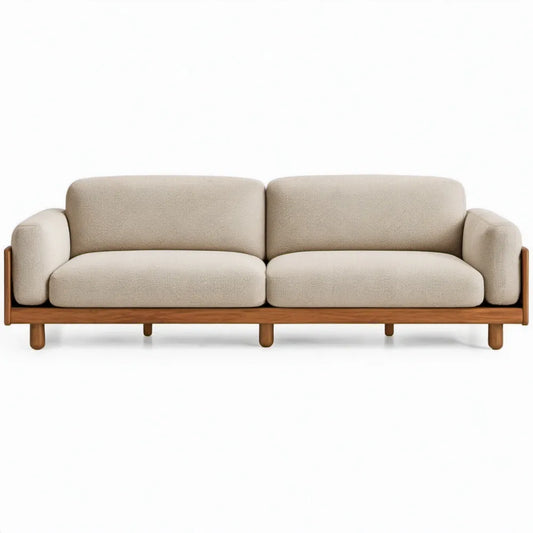 3-zitsbank 220 x 90 x 78 cm Beige en Bruin met polyester bekleding en massief rubberhout