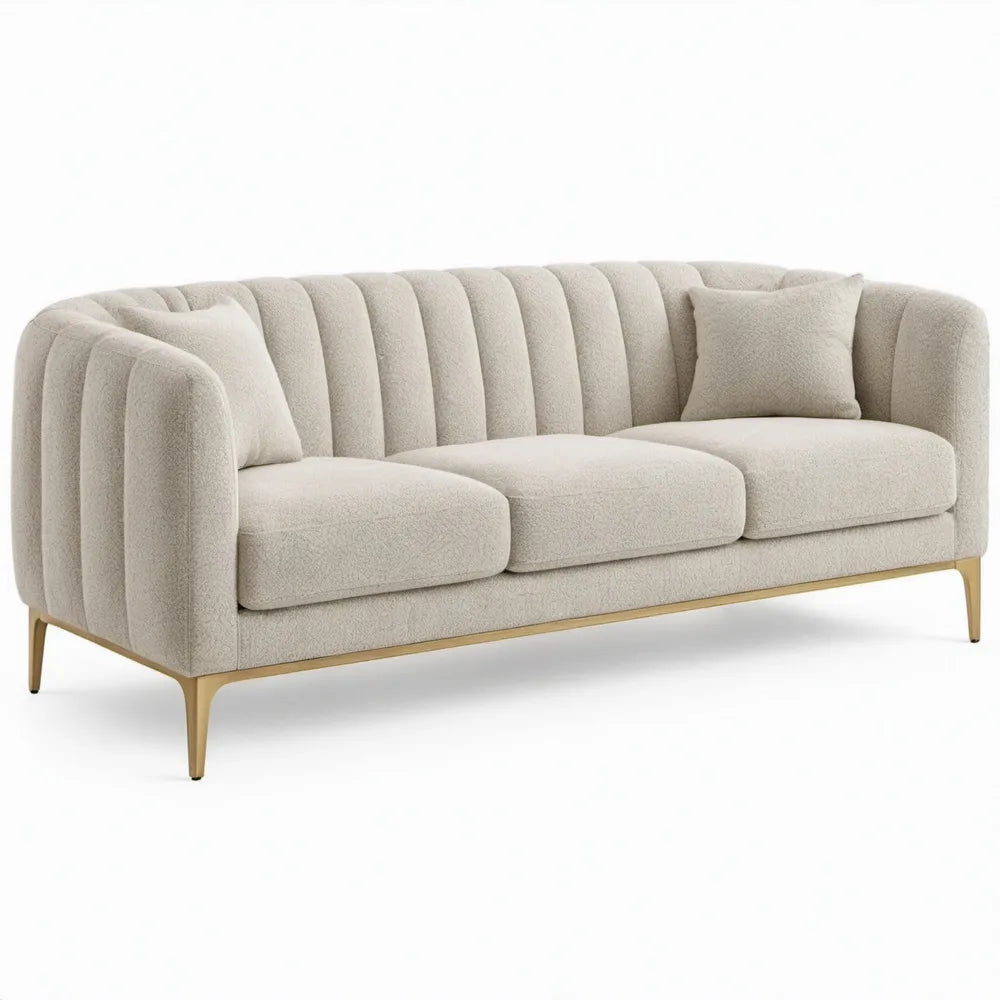 Gebogen 3-zitsbank 220 x 90 x 78 cm crème bouclé met goudkleurige stalen poten