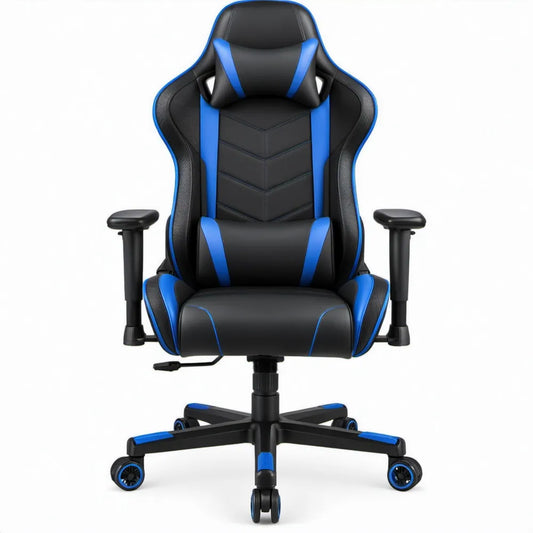 Ergonomische bureaustoel met hoge rugleuning, verstelbare armleuningen en nylon voetkruis, 65 x 65 x 122-132 cm, zwart/blauw
