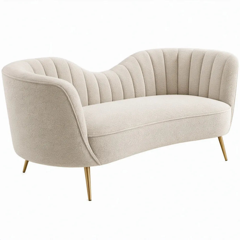 Gebogen tweezitsbank in crème bouclé polyester met goudkleurige poten, 128 x 75 x 78 cm