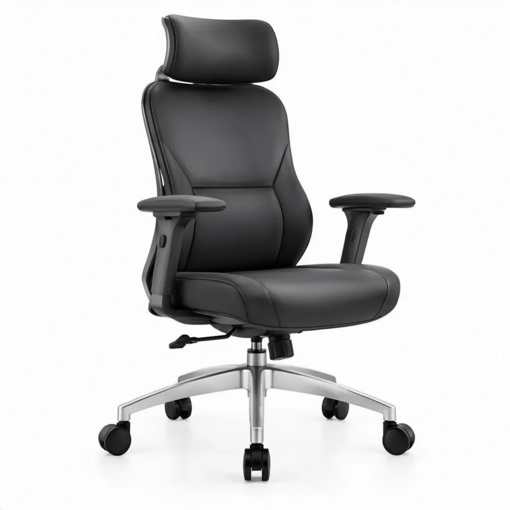 Ergonomische bureaustoel met hoofdsteun van zwart PU-kunstleer, 66 x 66 x 119-129 cm
