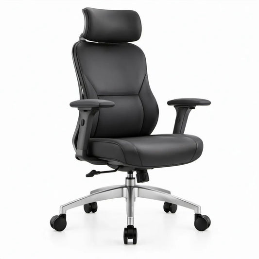 Ergonomische bureaustoel met hoofdsteun van zwart PU-kunstleer, 66 x 66 x 119-129 cm