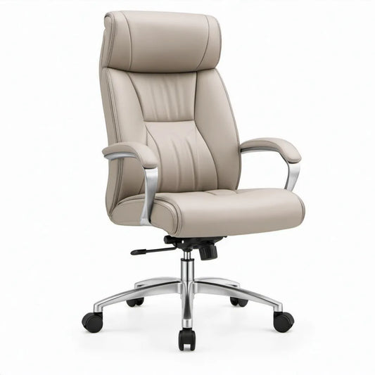 Beige directiestoel van PU-kunstleer met hoge rugleuning en hoofdsteun, 68 x 70 x 118-128 cm
