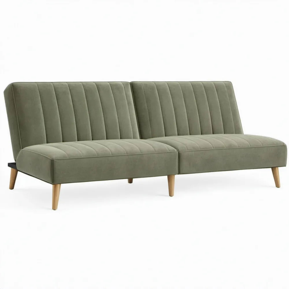 Armloze 2-zitsbank 180 x 84 x 82 cm in olijfgroen fluweel met naturel houten poten