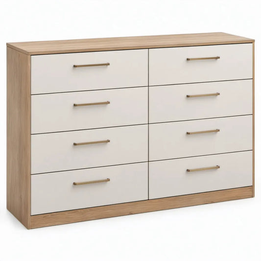 Ladekast met 8 laden, 140 x 40 x 90 cm, wit/eikenkleurig/goudkleurig