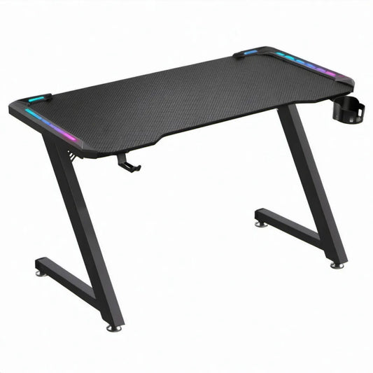 Zwart gamingbureau met RGB-ledverlichting, carbonlook en bekerhouder, 120 x 60 x 75 cm