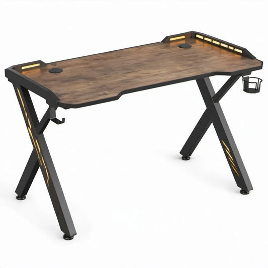 Gamingbureau met LED-verlichting, kabeldoorvoeren, bekerhouder en hoofdtelefoonhaak 140 x 60 x 75 cm Bruin/Zwart/Geel