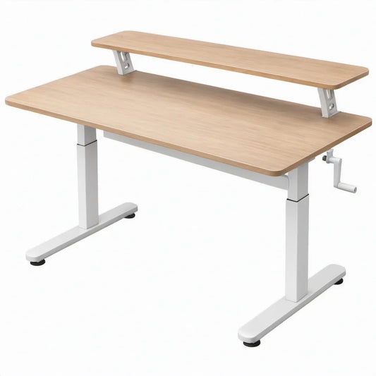 Handmatig in hoogte verstelbaar bureau met monitorverhoger 120 x 60 cm licht eiken/wit