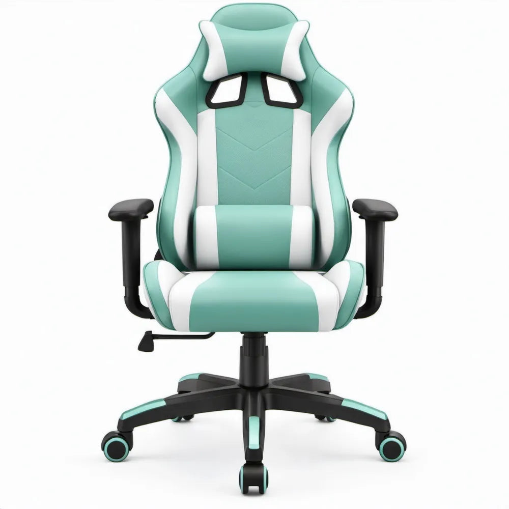 Verstelbare gamingstoel met voetsteun en hoofdsteun, mintgroen/wit/zwart, 65 x 65 x 125-135 cm