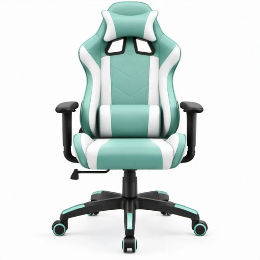 Verstelbare gamingstoel met voetsteun en hoofdsteun, mintgroen/wit/zwart, 65 x 65 x 125-135 cm